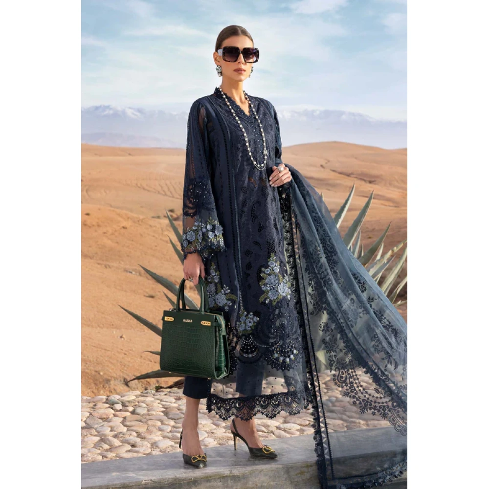 Maria b, luxury chiffon, 2025 collection , 3 PIECE SUIT , unstitched, lawn , navy blue , d-2504-b, FRONT look