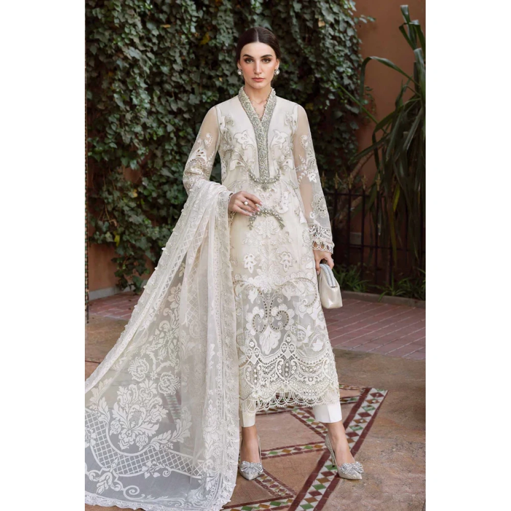 Maria b, luxe lawn 25’ , 3 PIECE SUIT , unstitched, lawn , pearl white color , D-2506-a, FRONT