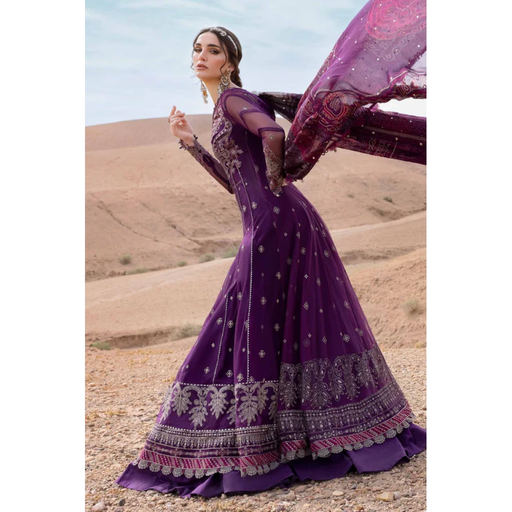 Maria b luxe lawn 25’ , 3 PIECE SUIT , unstitched, lawn , plum , D-2507-b, frock style