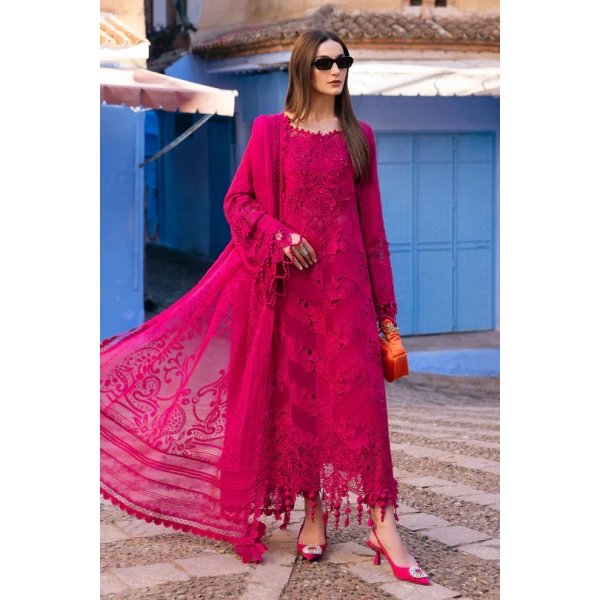 Maria b, luxe lawn 25’ , 3 PIECE SUIT , unstitched, lawn , Fuchsia Pink color , D-2508-a, FRONT