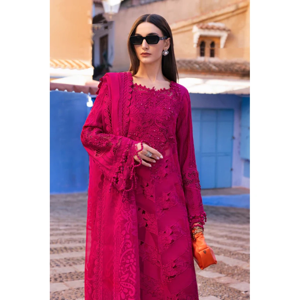Maria b, luxe lawn 25’ , 3 PIECE SUIT , unstitched, lawn , Fuchsia Pink color , D-2508-a, FRONT sirt style