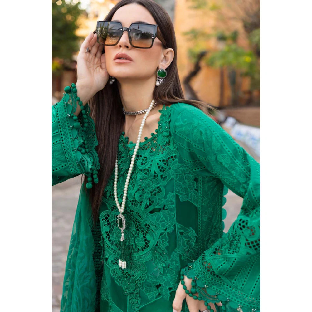 Maria b, luxe lawn 25’ , 3 PIECE SUIT , unstitched, lawn , Emerald Green color , D-2508-b, FRONT top