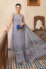 Maria b, luxe lawn 25’ , 3 PIECE SUIT , unstitched, lawn , ice blue color , D-2509-b, FRONT