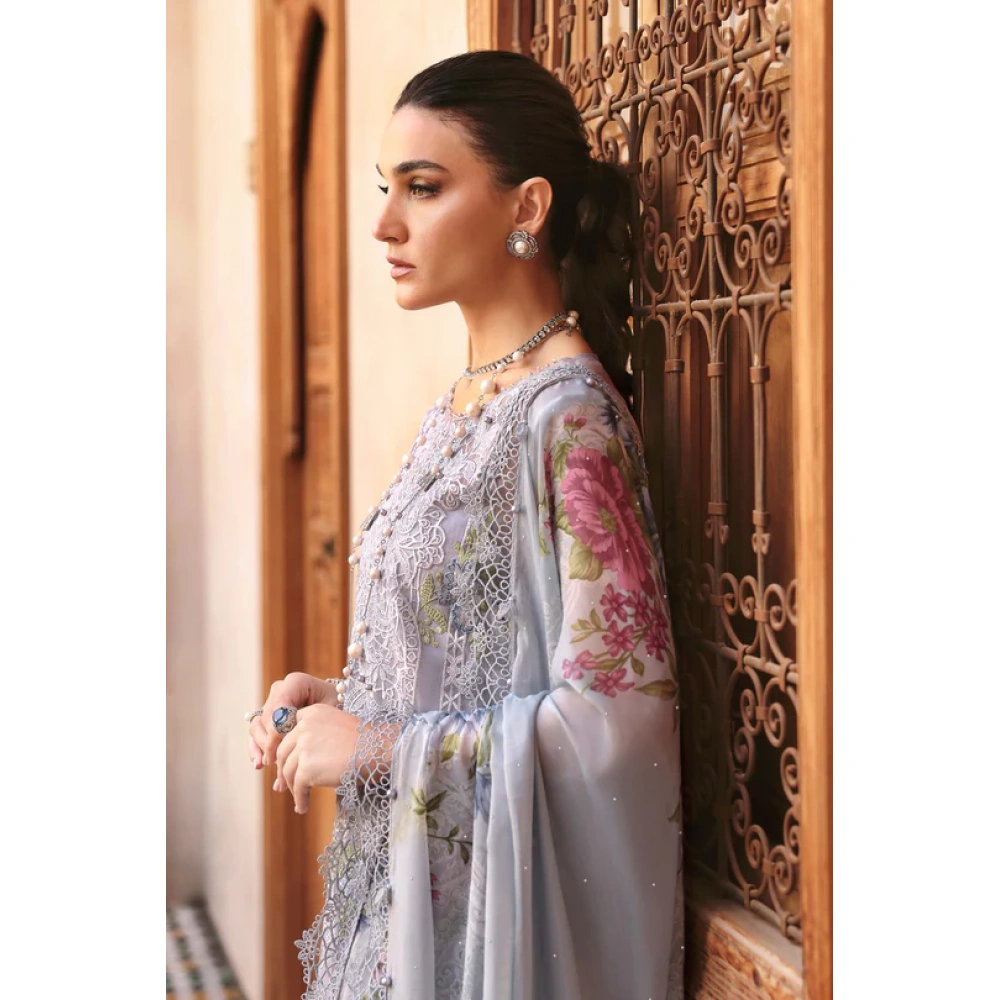 Maria b, luxe lawn 25’ , 3 PIECE SUIT , unstitched, lawn , ice blue color , D-2509-b, dupatta