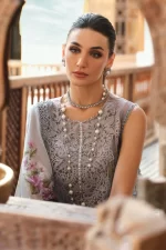Maria b, luxe lawn 25’ , 3 PIECE SUIT , unstitched, lawn , ice blue color , D-2509-b, FRONT neck