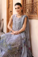 Maria b, luxe lawn 25’ , 3 PIECE SUIT , unstitched, lawn , ice blue color , D-2509-b, FRONT shirt