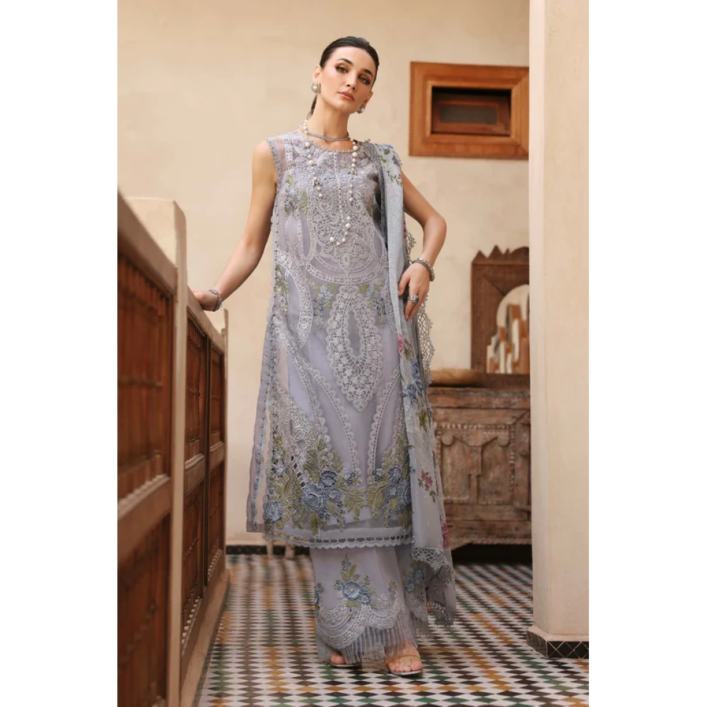Maria b, luxe lawn 25’ , 3 PIECE SUIT , unstitched, lawn , ice blue color , D-2509-b, FRONT full view