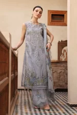 Maria b, luxe lawn 25’ , 3 PIECE SUIT , unstitched, lawn , ice blue color , D-2509-b, FRONT full view