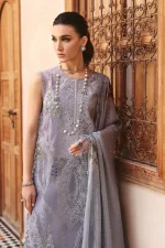 Maria b, luxe lawn 25’ , 3 PIECE SUIT , unstitched, lawn , ice blue color , D-2509-b, FRONT shirt view