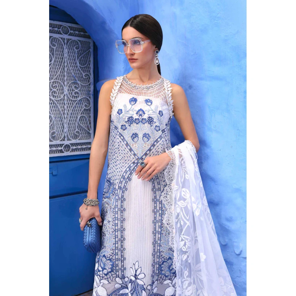 Maria b, luxe lawn 25’ , 3 PIECE SUIT , unstitched, lawn , white color , D-2510-a, FRONT shirt