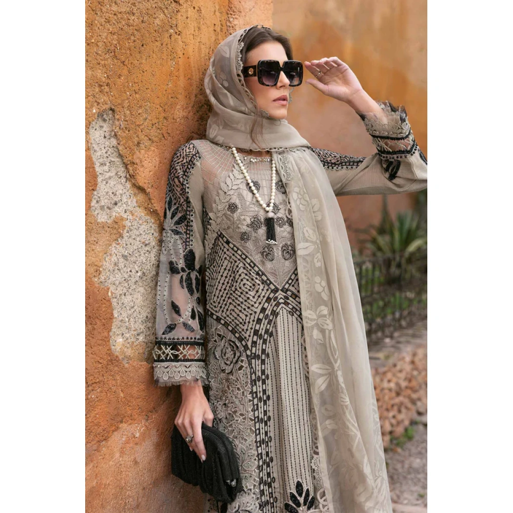 Maria b, luxe lawn 25’ , 3 PIECE SUIT , unstitched, lawn , mouse grey color , D-2510-b, FRONT shirt and dupatta