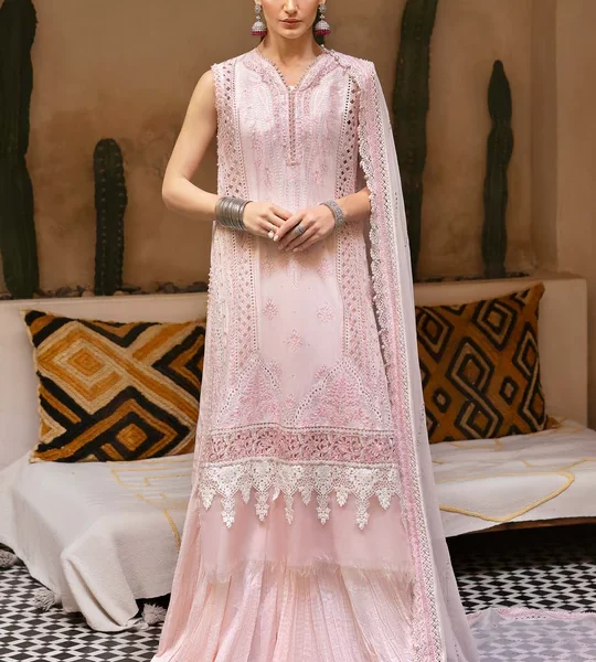 Maria b, luxe lawn 25’ , 3 PIECE SUIT , unstitched, lawn , powder pink color , D-2511-a, FRONT