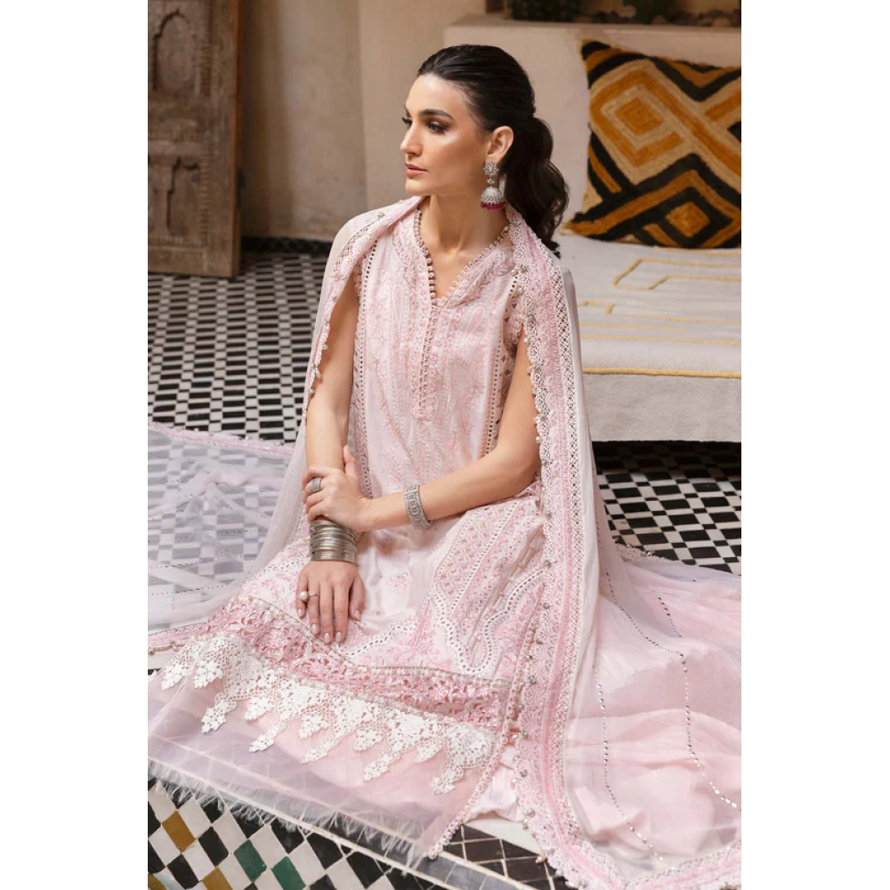 Maria b, luxe lawn 25’ , 3 PIECE SUIT , unstitched, lawn , powder pink color , D-2511-a, FRONT shirt border
