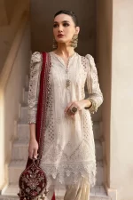 Maria b, luxe lawn 25’ , 3 PIECE SUIT , unstitched, lawn , beige color , D-2511-b, FRONT shirt