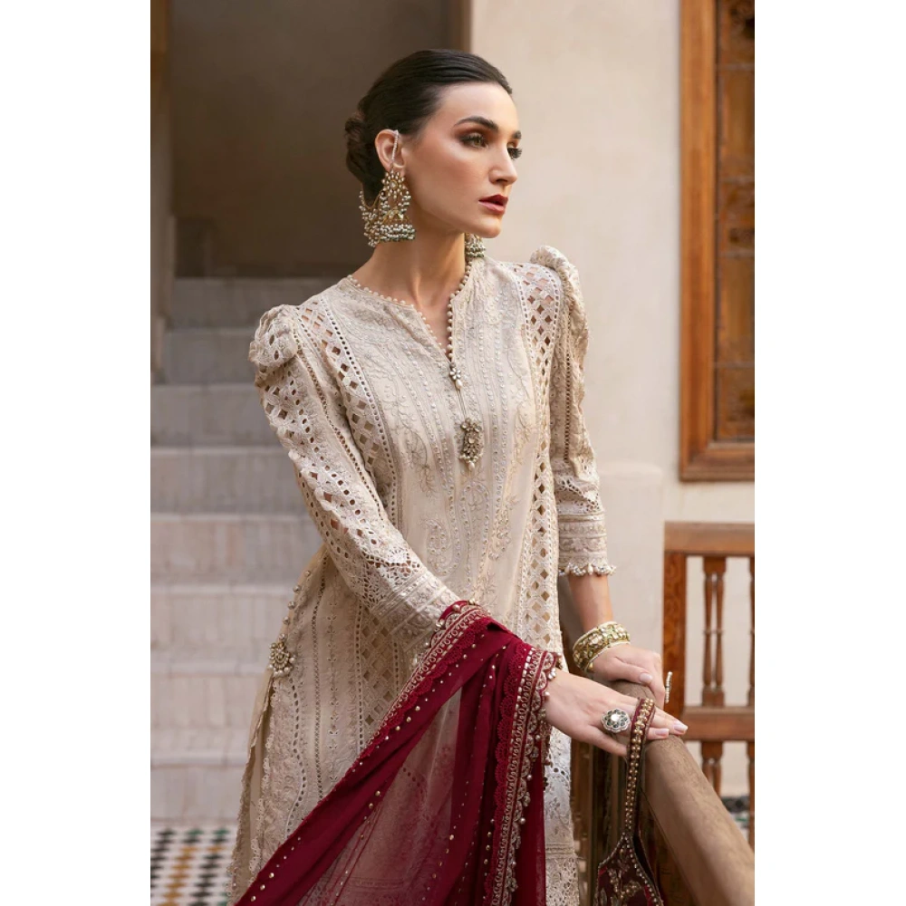 Maria b, luxe lawn 25’ , 3 PIECE SUIT , unstitched, lawn , beige color , D-2511-b, shirt