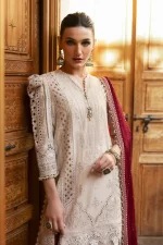 Maria b, luxe lawn 25’ , 3 PIECE SUIT , unstitched, lawn , beige color , D-2511-b, FRONT shirt neck