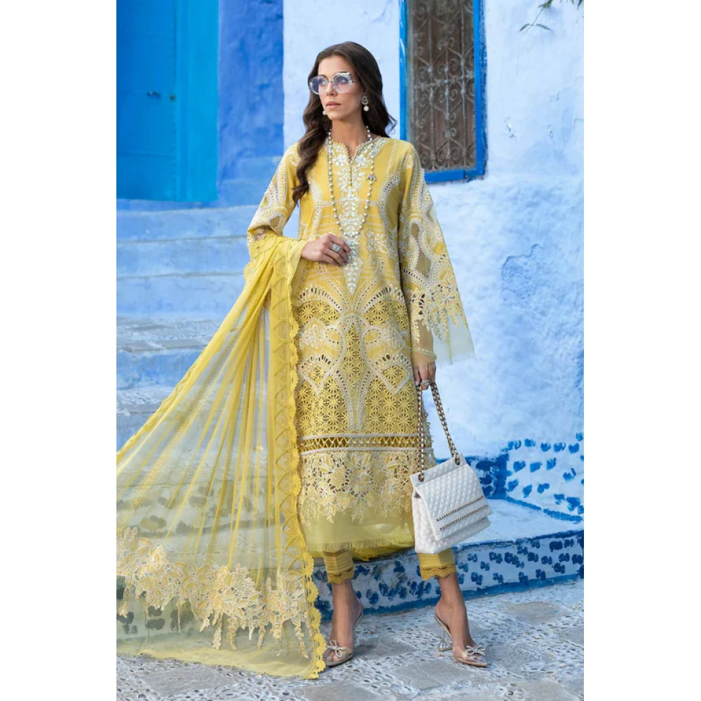 Maria b, luxe lawn 25’ , 3 PIECE SUIT , unstitched, lawn , lime yellow color , D-2512-a, FRONT