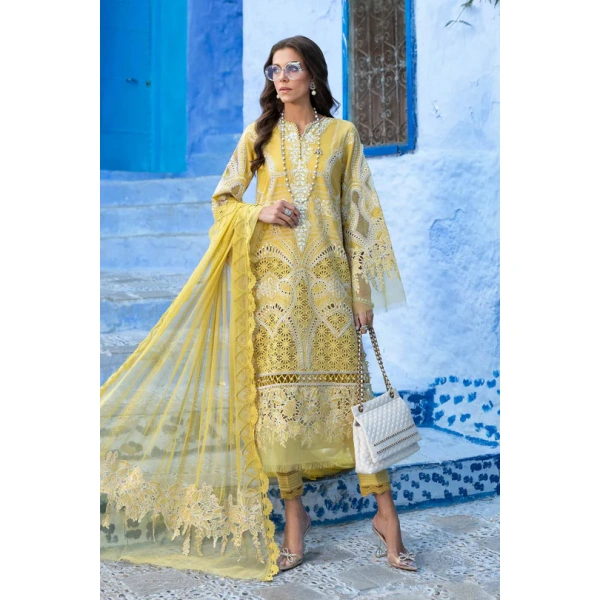 Maria b, luxe lawn 25’ , 3 PIECE SUIT , unstitched, lawn , lime yellow color , D-2512-a, FRONT