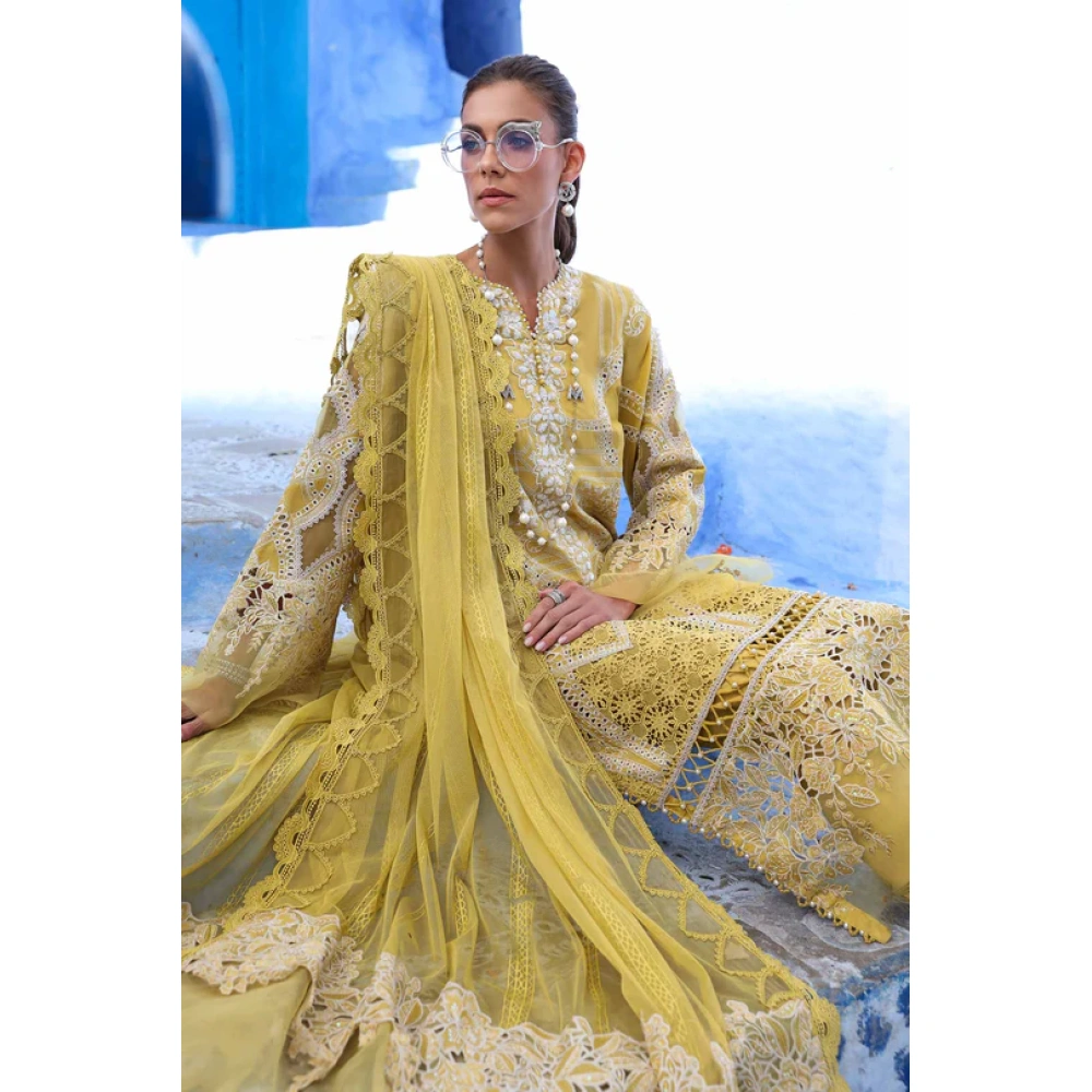 Maria b, luxe lawn 25’ , 3 PIECE SUIT , unstitched, lawn , lime yellow color , D-2512-a, dupatta