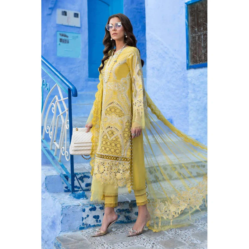 Maria b, luxe lawn 25’ , 3 PIECE SUIT , unstitched, lawn , lime yellow color , D-2512-a, side look