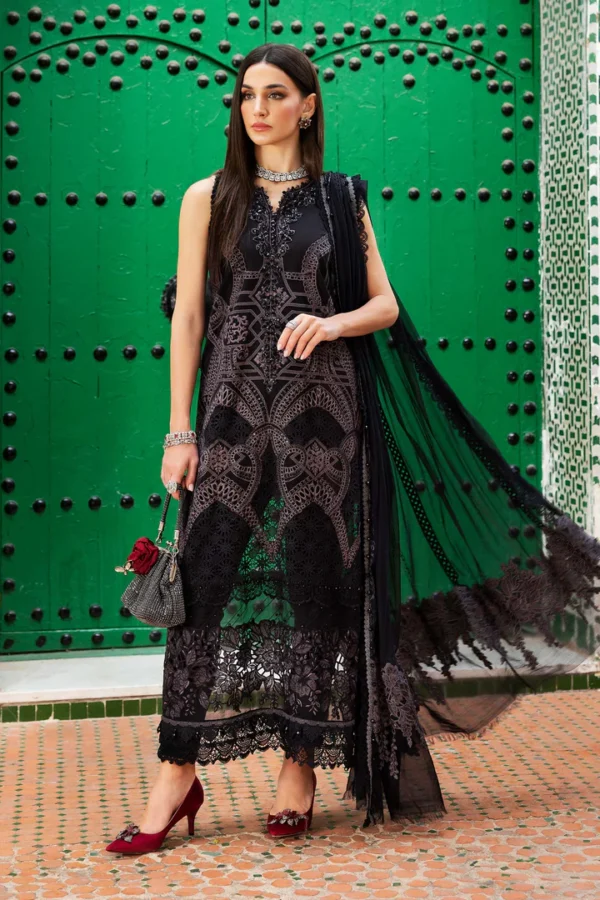 Maria b, luxe lawn 25’ , 3 PIECE SUIT , unstitched, lawn , Black color , D-2512-b, FRONT