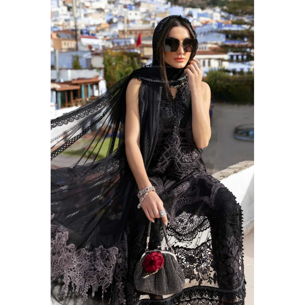 Maria b, luxe lawn 25’ , 3 PIECE SUIT , unstitched, lawn , Black color , D-2512-b, dupatta