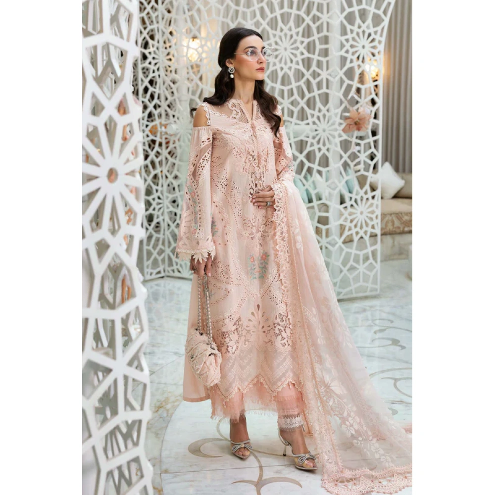 Maria b, luxe lawn 25’ , 3 PIECE SUIT , unstitched, lawn , peach color , D-2513-a, FRONT