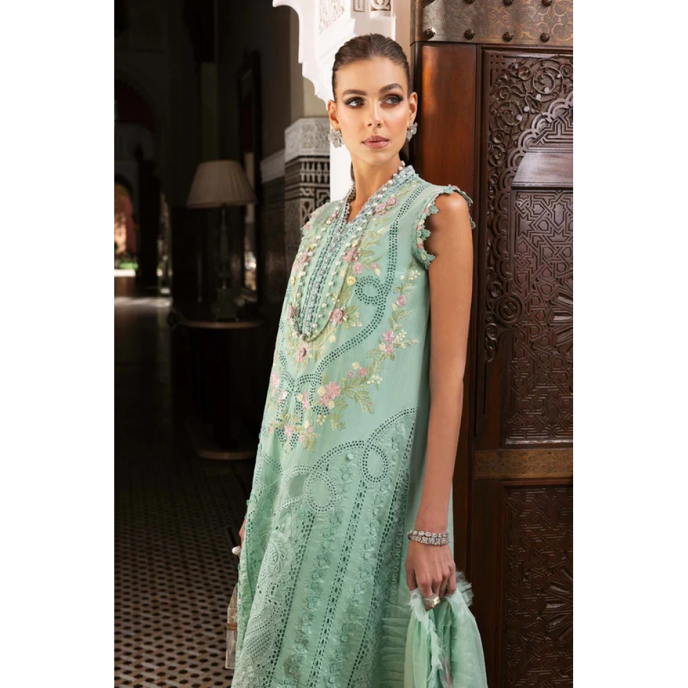 Maria b, luxe lawn 25’ , 3 PIECE SUIT , unstitched, lawn , aqua color , D-2514-a, side look