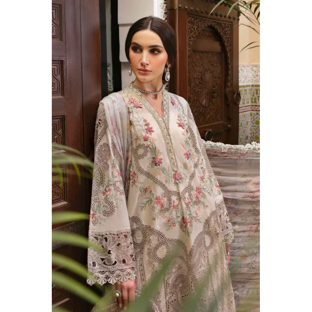 Maria b, luxe lawn 25’ , 3 PIECE SUIT , unstitched, lawn , beige color , D-2514-b, FRONT neck
