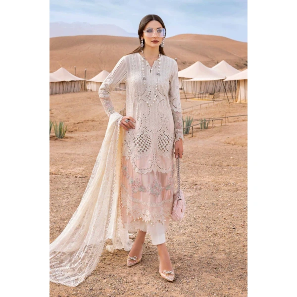 Maria b, luxury chiffon, 2025 collection , 3 PIECE SUIT , unstitched, lawn ,white,pink , d-2515-a, FRONT