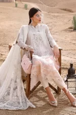 Maria b, luxury chiffon, 2025 collection , 3 PIECE SUIT , unstitched, lawn ,white,pink , d-2515-a, FRONT daman