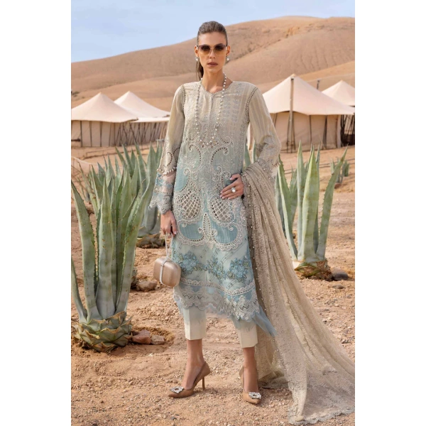 Maria b, luxury chiffon, 2025 collection , 3 PIECE SUIT , unstitched, lawn , beige & sea green , d-2515-b, FRONT