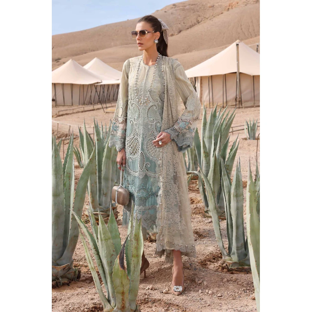 Maria b, luxury chiffon, 2025 collection , 3 PIECE SUIT , unstitched, lawn , beige & sea green , d-2515-b, FRONT look