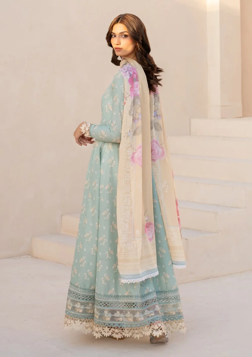 iznik, eid festive lawn 25’ , 3 PIECE SUIT , unstitched, lawn , sky blue color , Efl-06, back shirt and dupatta