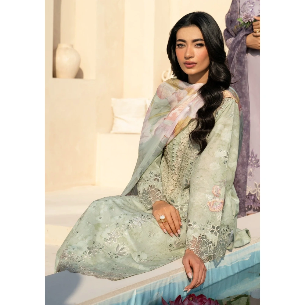 iznik, eid festive lawn 25’ , 3 PIECE SUIT , unstitched, lawn , warm grey color , Efl-07, FRONT shirt