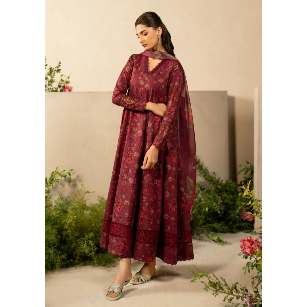 iznik, eid festive lawn 25’ , 3 PIECE SUIT , unstitched, lawn , maroon color , Efl-10, FRONT