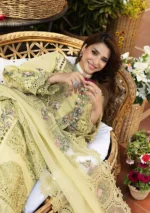 elaf, luxury lawn 25’ , 3 PIECE SUIT , unstitched, lawn , green color , Elm-3a, sleeves