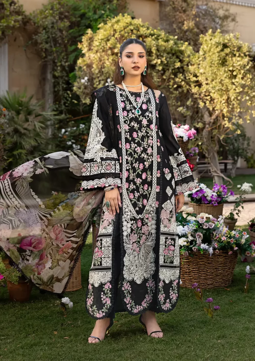 elaf, luxury lawn 25’ , 3 PIECE SUIT , unstitched, lawn , black color , Elm-04, FRONT