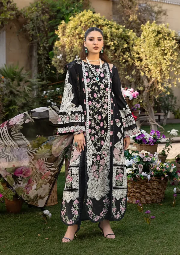 elaf, luxury lawn 25’ , 3 PIECE SUIT , unstitched, lawn , black color , Elm-04, FRONT