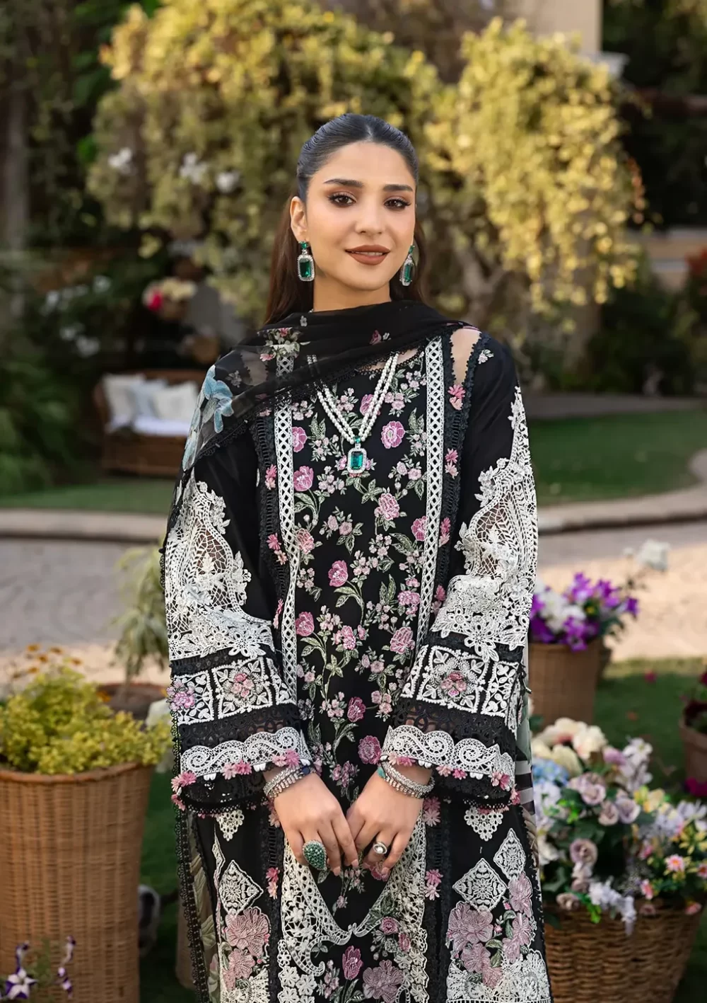elaf, luxury lawn 25’ , 3 PIECE SUIT , unstitched, lawn , black color , Elm-04, FRONT shirt