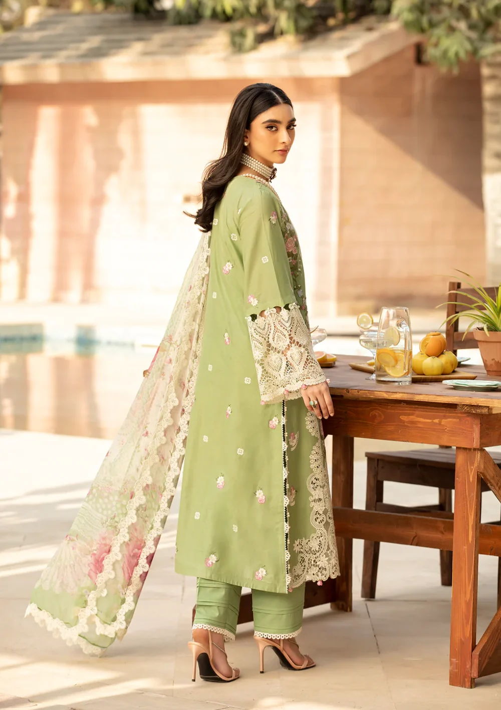 elaf, luxury lawn 25’ , 3 PIECE SUIT , unstitched, lawn , pale green color , Elm-08, back