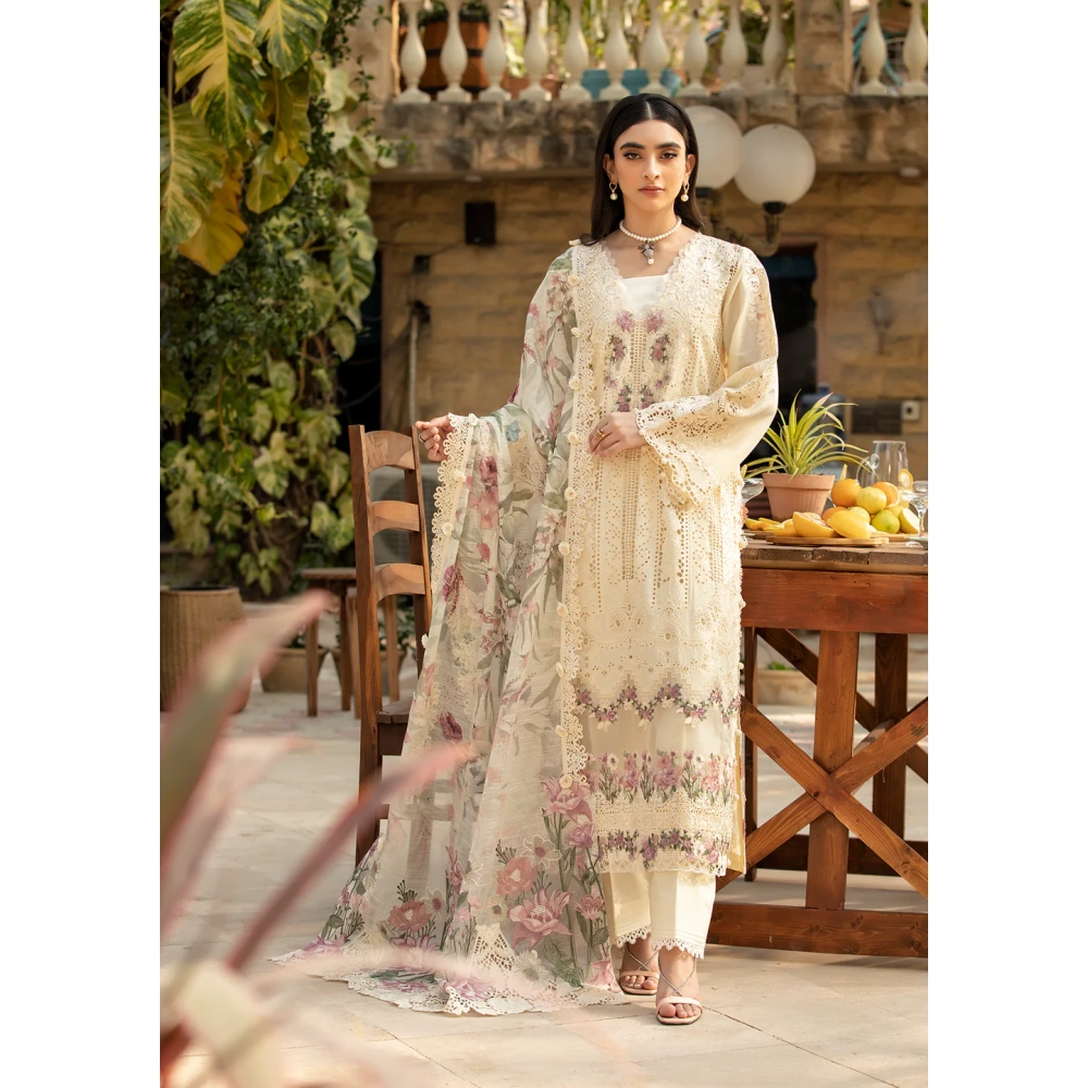 elaf, luxury lawn 25’ , 3 PIECE SUIT , unstitched, lawn , off white color , Elm-11, front