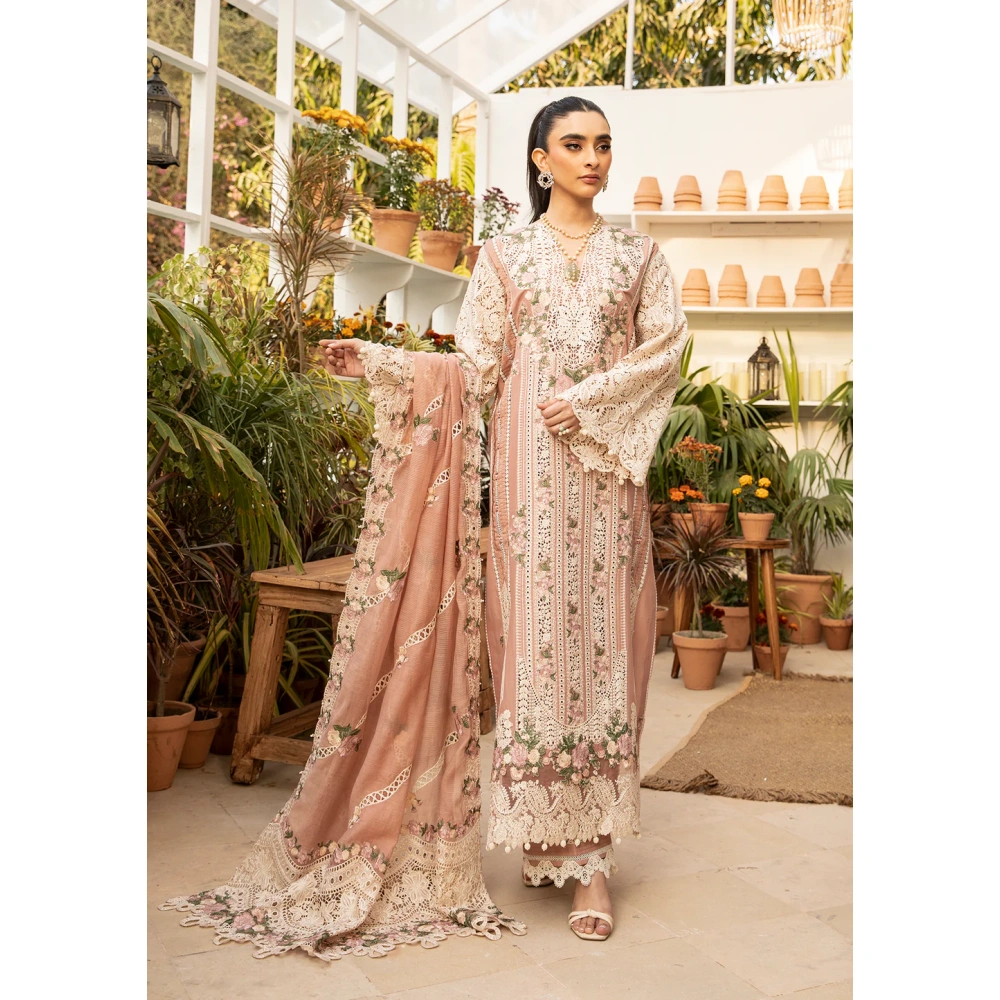 elaf, luxury lawn 25’ , 3 PIECE SUIT , unstitched, lawn , tea pink color , Elm-12, front