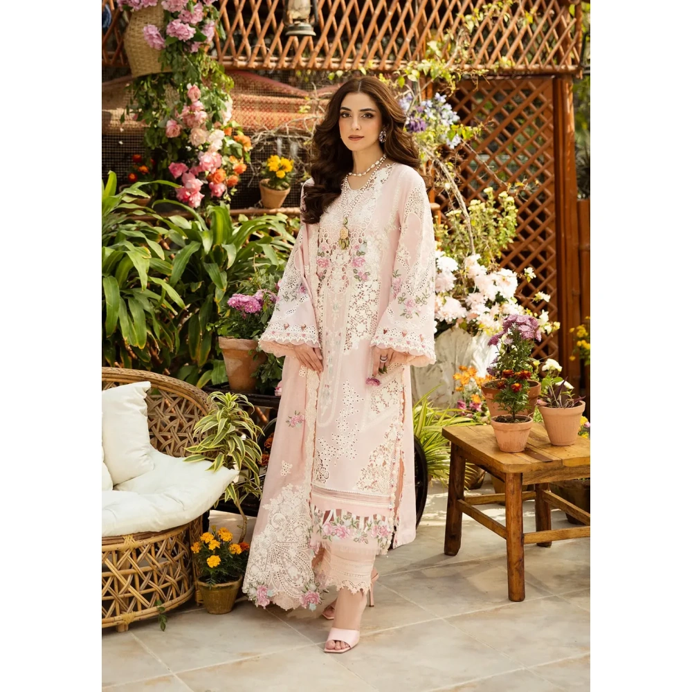elaf, luxury lawn 25’ , 3 PIECE SUIT , unstitched, lawn , blush pink color , Elm-2a, FRONT