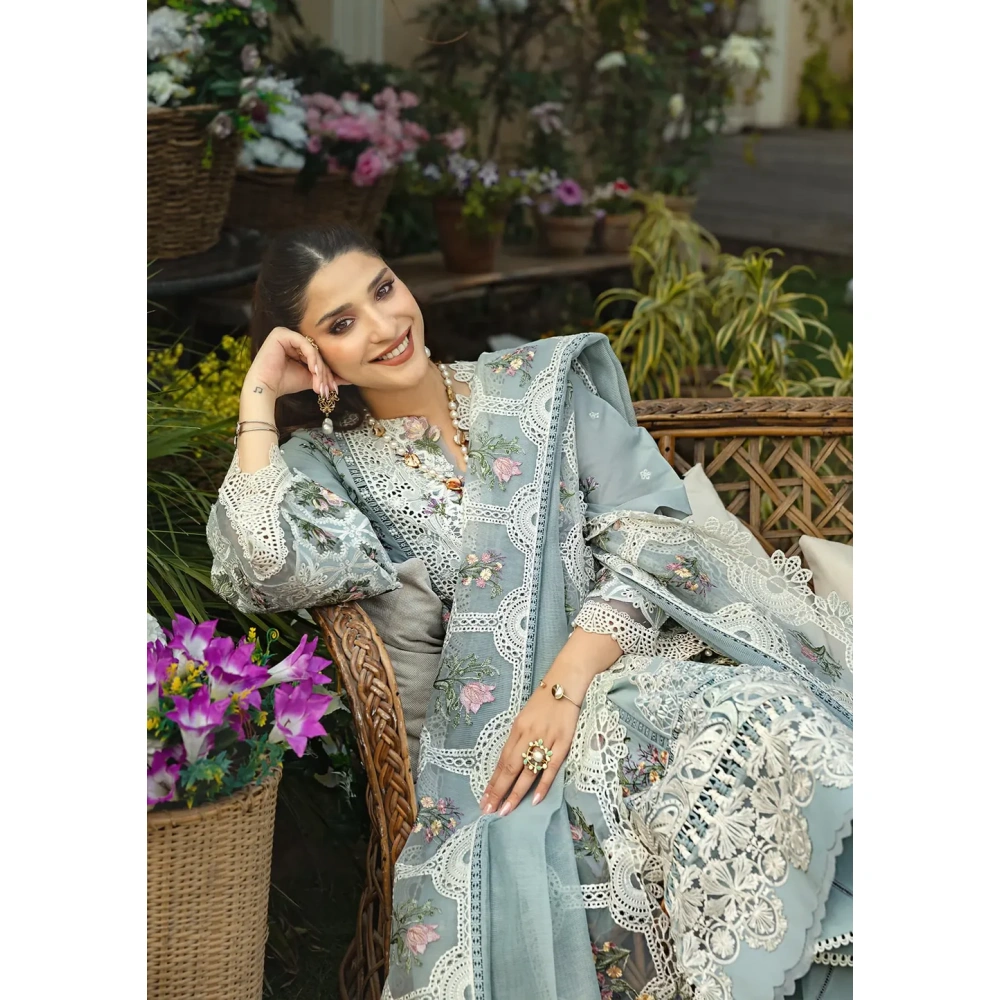 elaf, luxury lawn 25’ , 3 PIECE SUIT , unstitched, lawn , sky blue color , Elm-3b, dupatta