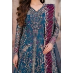 Iznik, luxury chiffon, 25’ , 3 PIECE SUIT , unstitched, chiffon , blue , ILC-03, FRONT neck