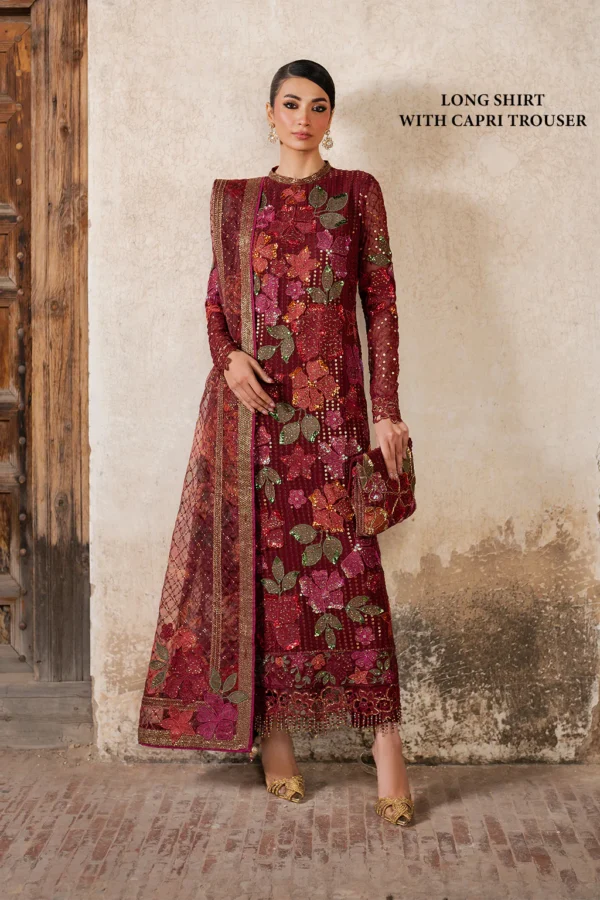 Iznik, luxury chiffon, 25’ , 3 PIECE SUIT , unstitched, chiffon , red , ILC-05, FRONT, long shirt with capri trouser