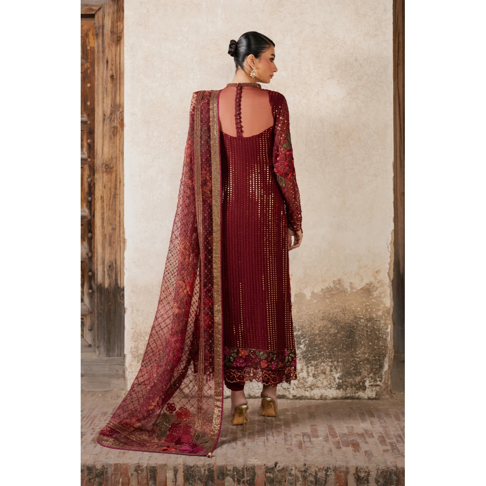 Iznik, luxury chiffon, 25’ , 3 PIECE SUIT , unstitched, chiffon , red , ILC-05, back full size
