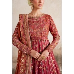 Iznik, luxury chiffon, 25’ , 3 PIECE SUIT , unstitched, chiffon , red , ILC-07, FRONT neck