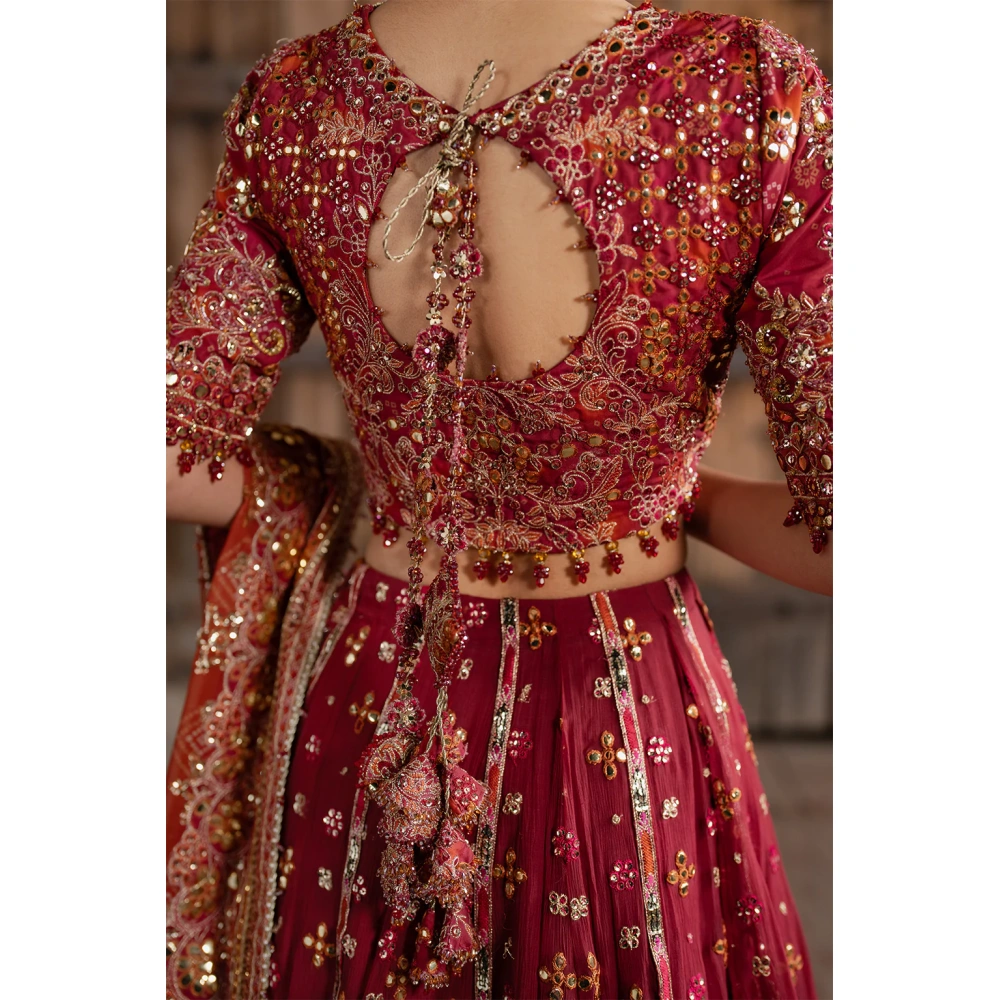 Iznik, luxury chiffon, 25’ , 3 PIECE SUIT , unstitched, chiffon , red , ILC-07, back style 2